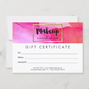 Bold Pink Watercolors Makeup Gift Certificate