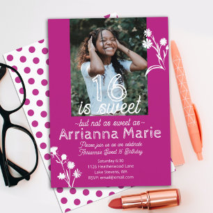 Bold Pink, White Flowers Sweet 16 Birthday Invitation