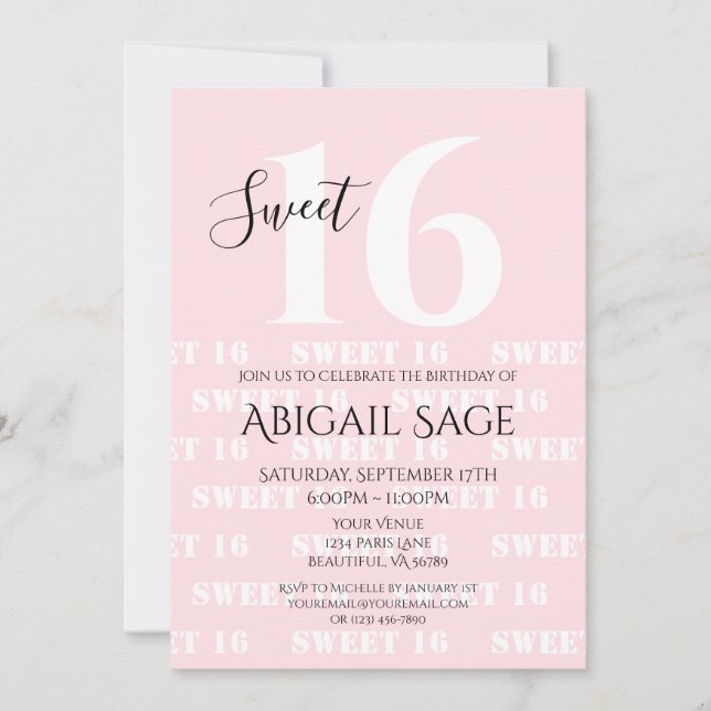 Bold Pink, White Personalised Photo Sweet Sixteen Invitation (Front)