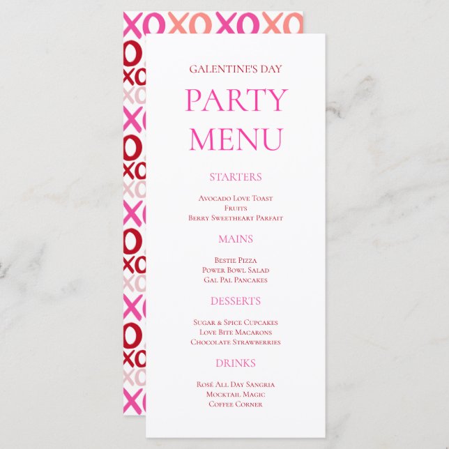 Bold Pink XOXO Girls Night Galentine's Day Party Menu (Front/Back)