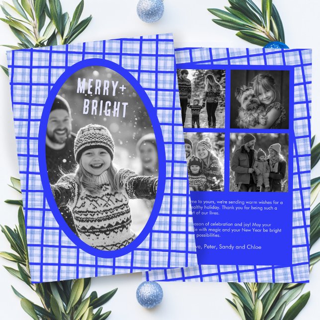 Bold Plaid Gingham Christmas Custom Photo Collage Holiday Card (Bold Plaid Gingham BLue Christmas Custom Photo Collage Holiday Card
)