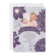 Bold Plum Botanical It's a Girl Birth Announcement