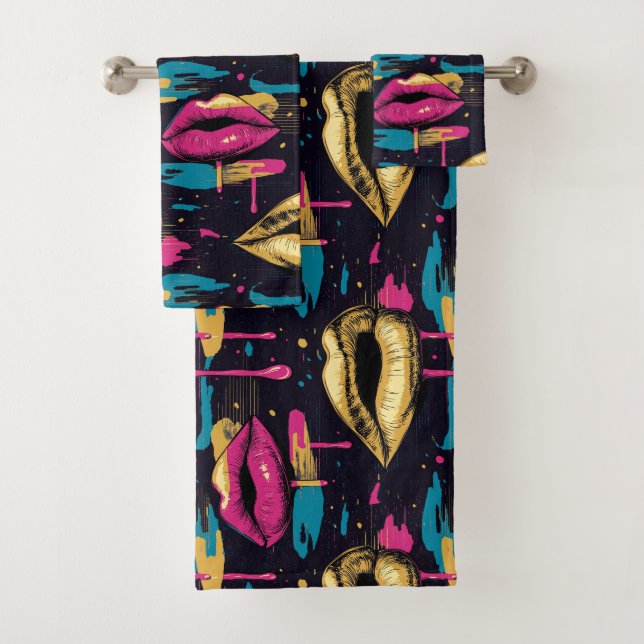 Bold Pop Art Lips Pattern with Vibrant Drips  Bath Towel Set (Insitu)