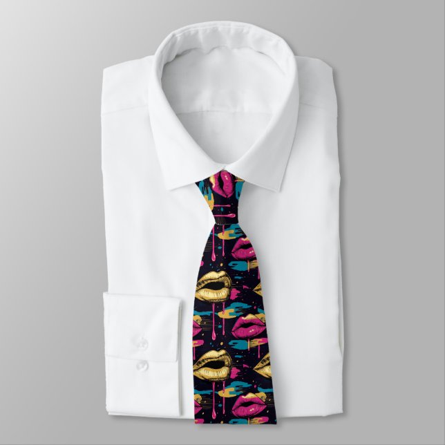 Bold Pop Art Lips Pattern with Vibrant Drips  Tie (Tied)