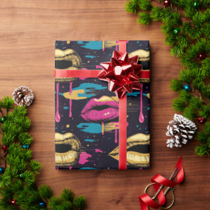 Bold Pop Art Lips Pattern with Vibrant Drips Wrapping Paper
