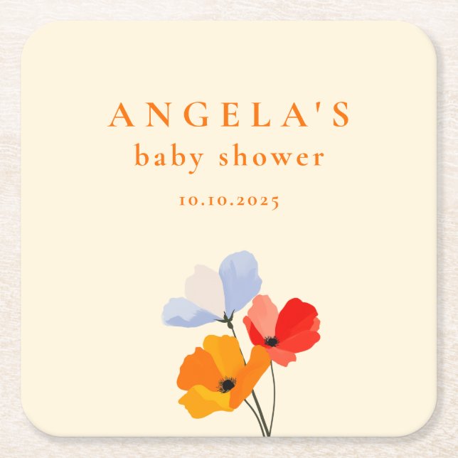 Bold Poppy Floral Baby Shower Square Paper Coaster (Front)