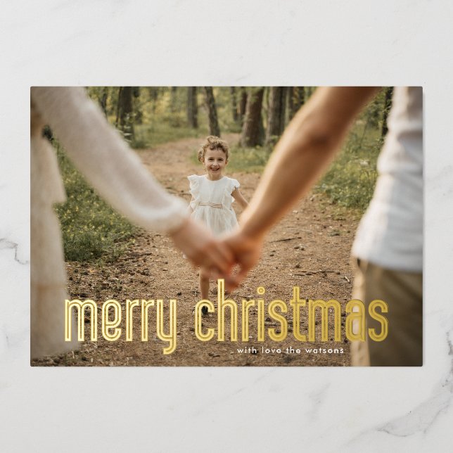Bold Pressed Modern GOLD Merry Christmas Photo Foil Holiday Card (Front)
