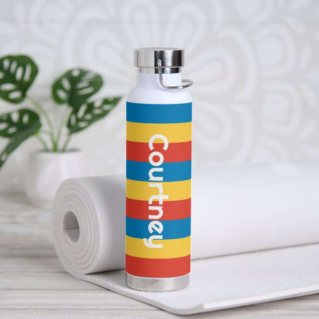 Bold Primary Colour Stripes Water Bottle with Name (Yoga)