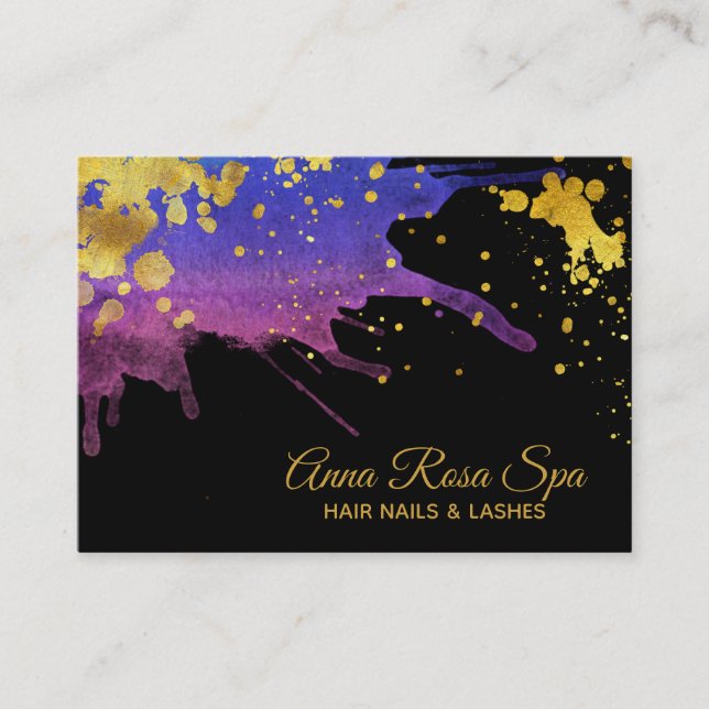 *~*Bold Purple Abstract Watercolor Gold Luxe Glam Business Card (Front)