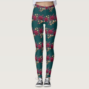 Bold Purple And Red Roses With Bronze Leaves Leggings