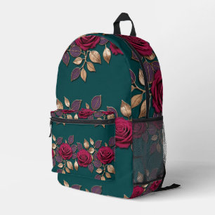 Bold Purple And Red Roses With Bronze Leaves Printed Backpack