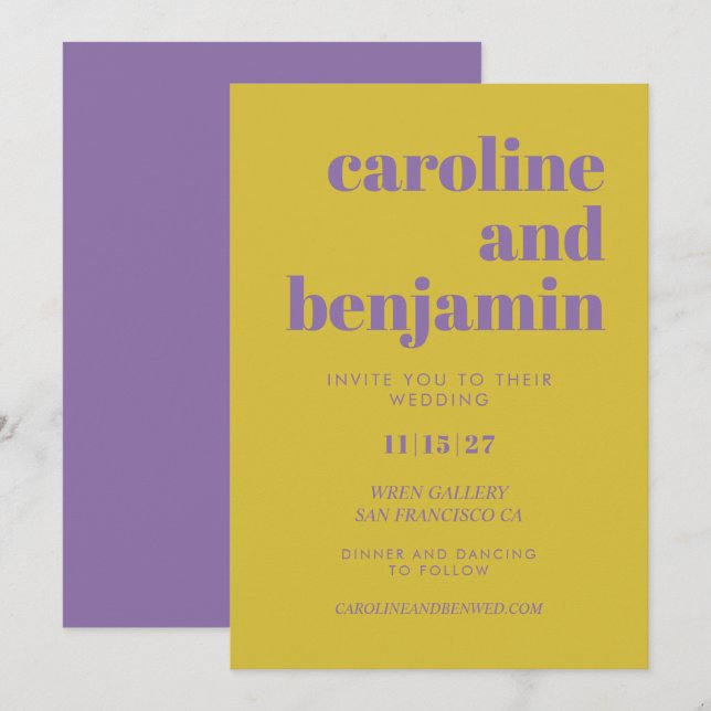 Bold Purple and Yellow Typography Modern Wedding  Invitation (Front/Back)