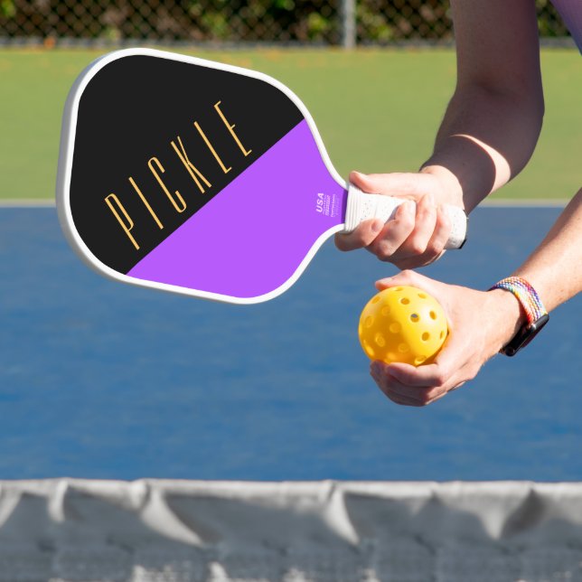 Bold Purple Black Diagonals Fun Cool Motto Text Pickleball Paddle (Insitu)