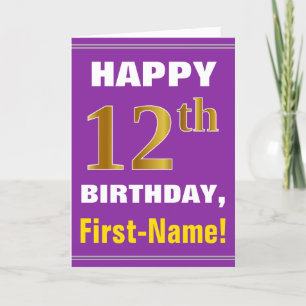 Bold, Purple, Faux Gold 12th Birthday w/ Name Card