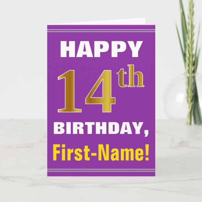 Bold, Purple, Faux Gold 14th Birthday w/ Name Card (Front)