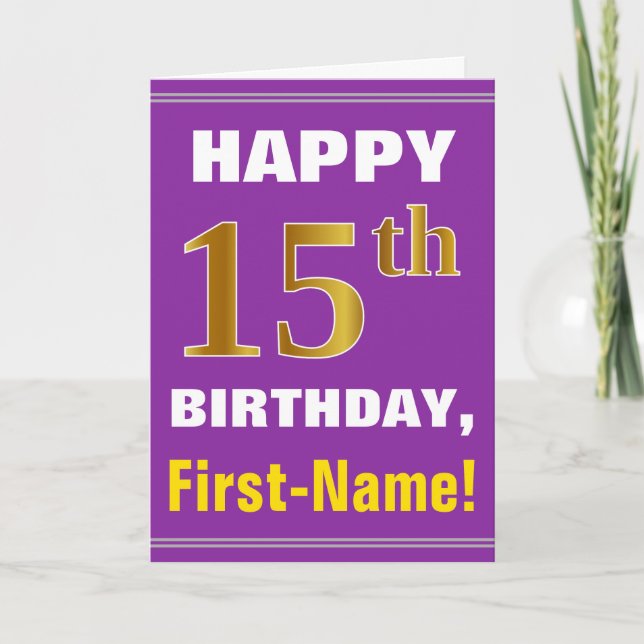 Bold, Purple, Faux Gold 15th Birthday w/ Name Card (Front)