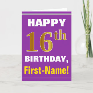 Bold, Purple, Faux Gold 16th Birthday w/ Name Card