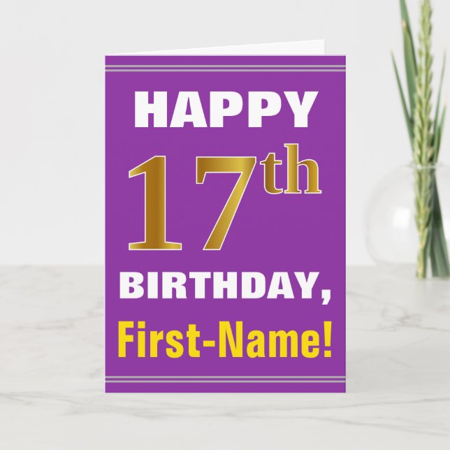 Bold, Purple, Faux Gold 17th Birthday w/ Name Card (Front)