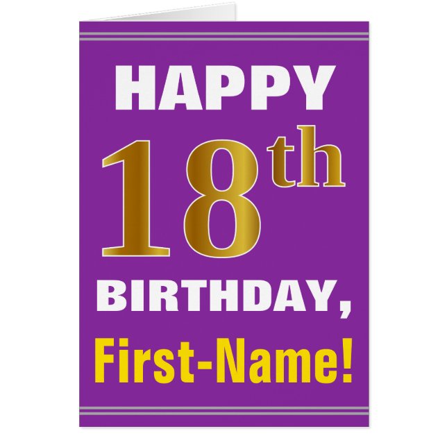 Bold, Purple, Faux Gold 18th Birthday w/ Name Card (Front)