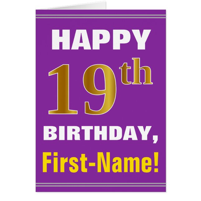 Bold, Purple, Faux Gold 19th Birthday w/ Name Card (Front)