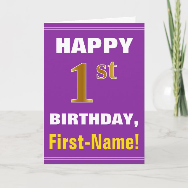 Bold, Purple, Faux Gold 1st Birthday w/ Name Card (Front)