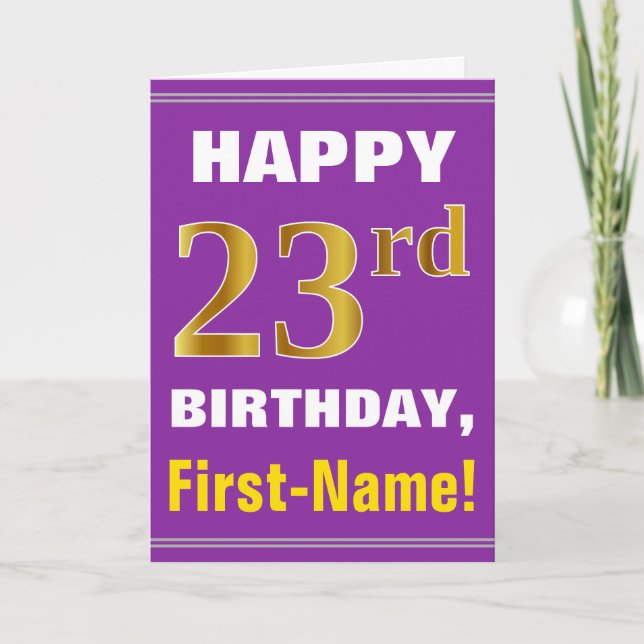 Bold, Purple, Faux Gold 23rd Birthday w/ Name Card (Front)