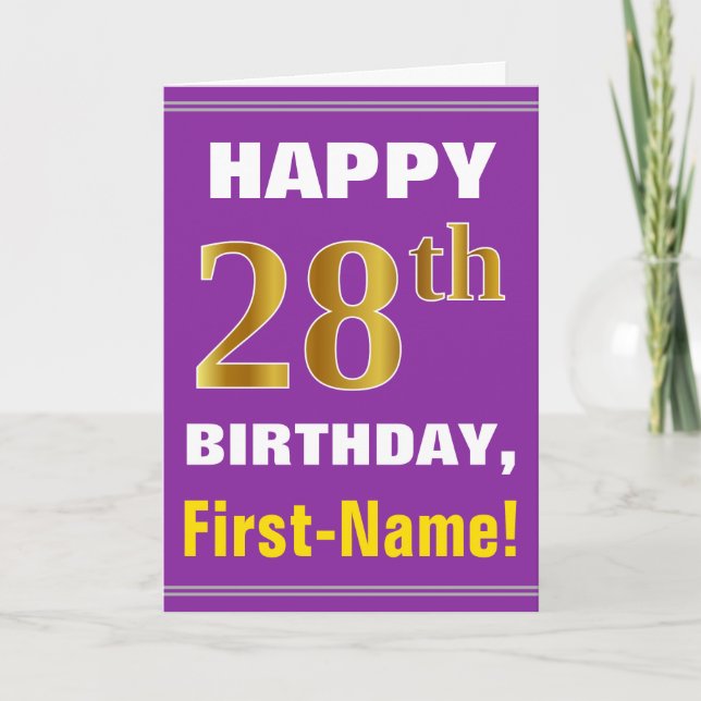 Bold, Purple, Faux Gold 28th Birthday w/ Name Card (Front)