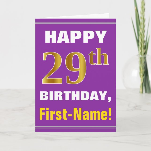 Bold, Purple, Faux Gold 29th Birthday w/ Name Card (Front)