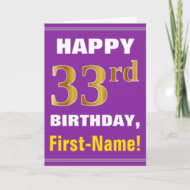 Bold, Purple, Faux Gold 33rd Birthday w/ Name Card (Front)