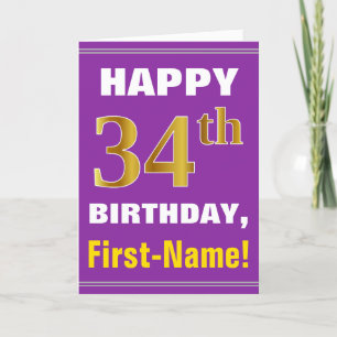 Bold, Purple, Faux Gold 34th Birthday w/ Name Card