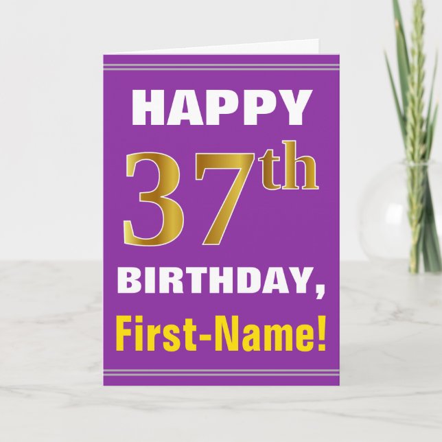 Bold, Purple, Faux Gold 37th Birthday w/ Name Card (Front)