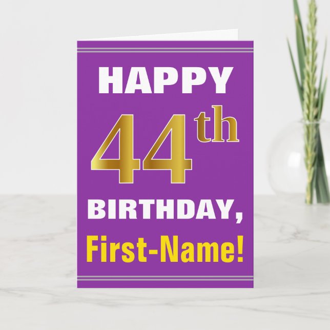 Bold, Purple, Faux Gold 44th Birthday w/ Name Card (Front)