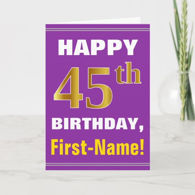 Bold, Purple, Faux Gold 45th Birthday w/ Name Card (Front)