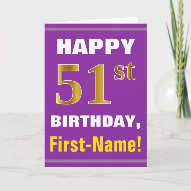Bold, Purple, Faux Gold 51st Birthday w/ Name Card (Front)