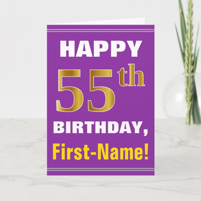 Bold, Purple, Faux Gold 55th Birthday w/ Name Card (Front)