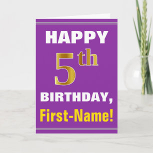 Bold, Purple, Faux Gold 5th Birthday w/ Name Card