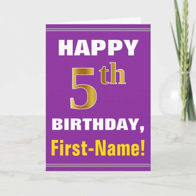 Bold, Purple, Faux Gold 5th Birthday w/ Name Card (Front)