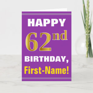 Bold, Purple, Faux Gold 62nd Birthday w/ Name Card
