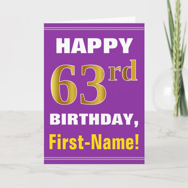 Bold, Purple, Faux Gold 63rd Birthday w/ Name Card (Front)