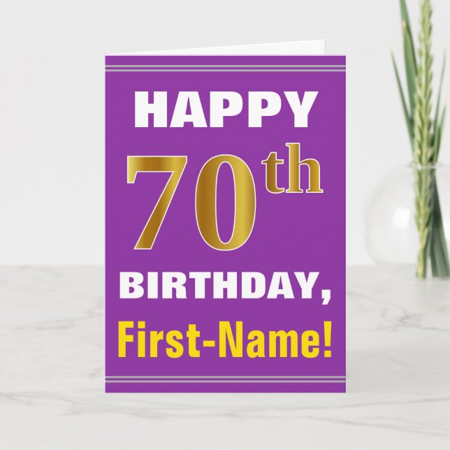 Bold, Purple, Faux Gold 70th Birthday w/ Name Card (Front)