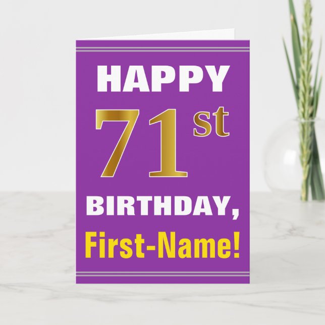 Bold, Purple, Faux Gold 71st Birthday w/ Name Card (Front)