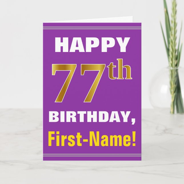 Bold, Purple, Faux Gold 77th Birthday w/ Name Card (Front)