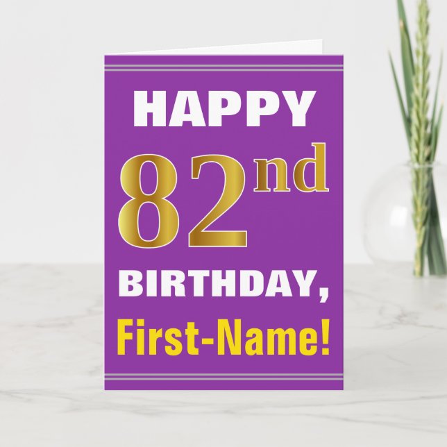Bold, Purple, Faux Gold 82nd Birthday w/ Name Card (Front)
