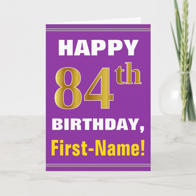 Bold, Purple, Faux Gold 84th Birthday w/ Name Card (Front)