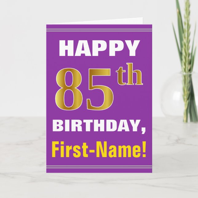 Bold, Purple, Faux Gold 85th Birthday w/ Name Card (Front)