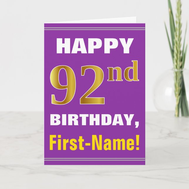 Bold, Purple, Faux Gold 92nd Birthday w/ Name Card (Front)