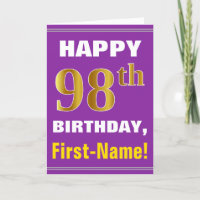 Bold, Purple, Faux Gold 98th Birthday w/ Name Card