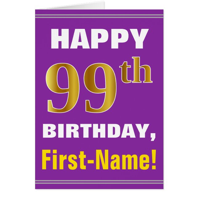 Bold, Purple, Faux Gold 99th Birthday w/ Name Card (Front)