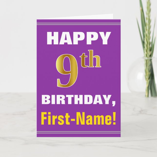 Bold, Purple, Faux Gold 9th Birthday w/ Name Card (Front)