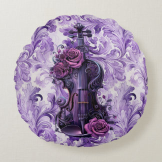 Bold Purple Floral Violin Round Pillow